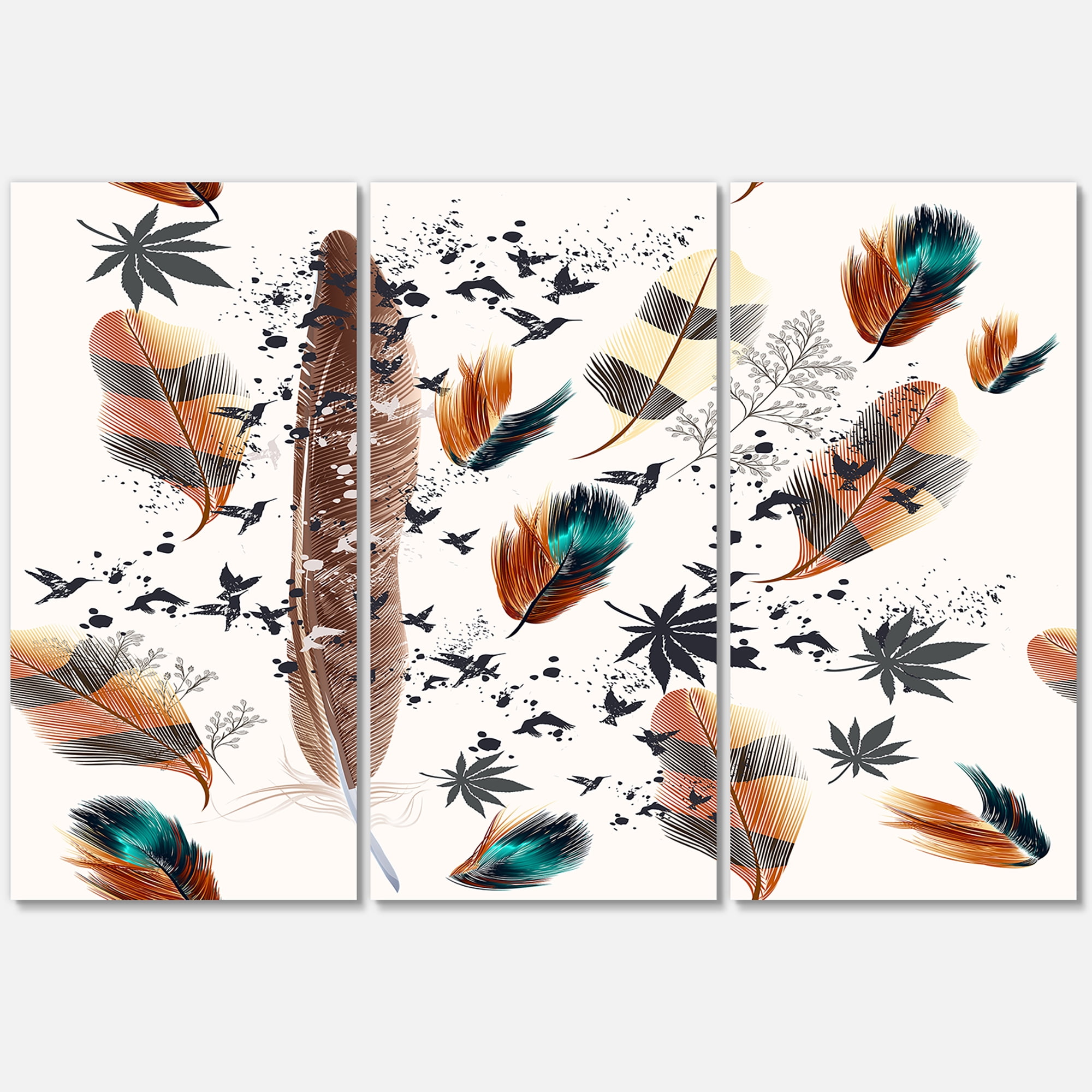 Designart ' Multicolored Feather Pattern With Floral ' Bohemian & Eclectic Canvas Wall Art Print