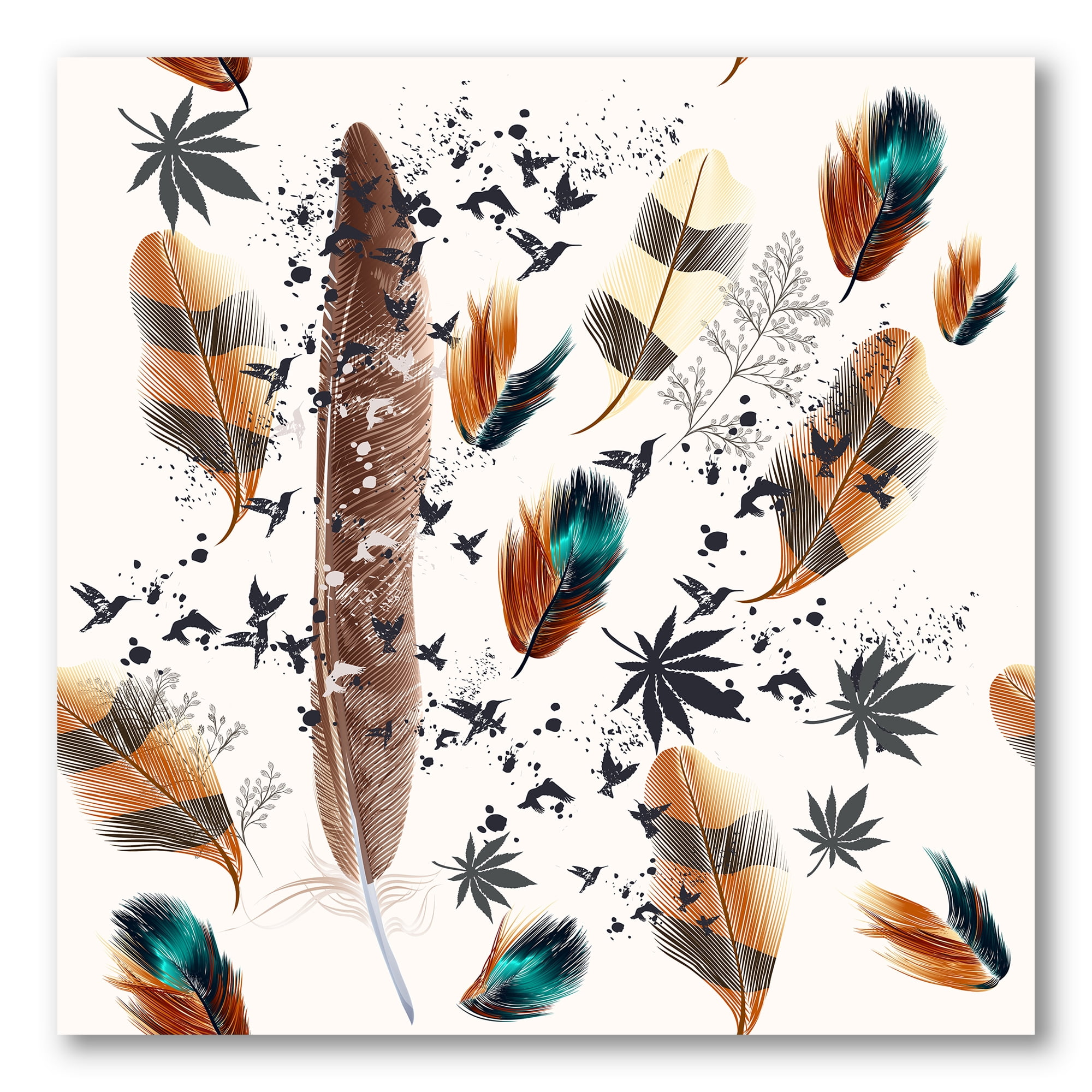 Designart ' Multicolored Feather Pattern With Floral ' Bohemian & Eclectic Canvas Wall Art Print