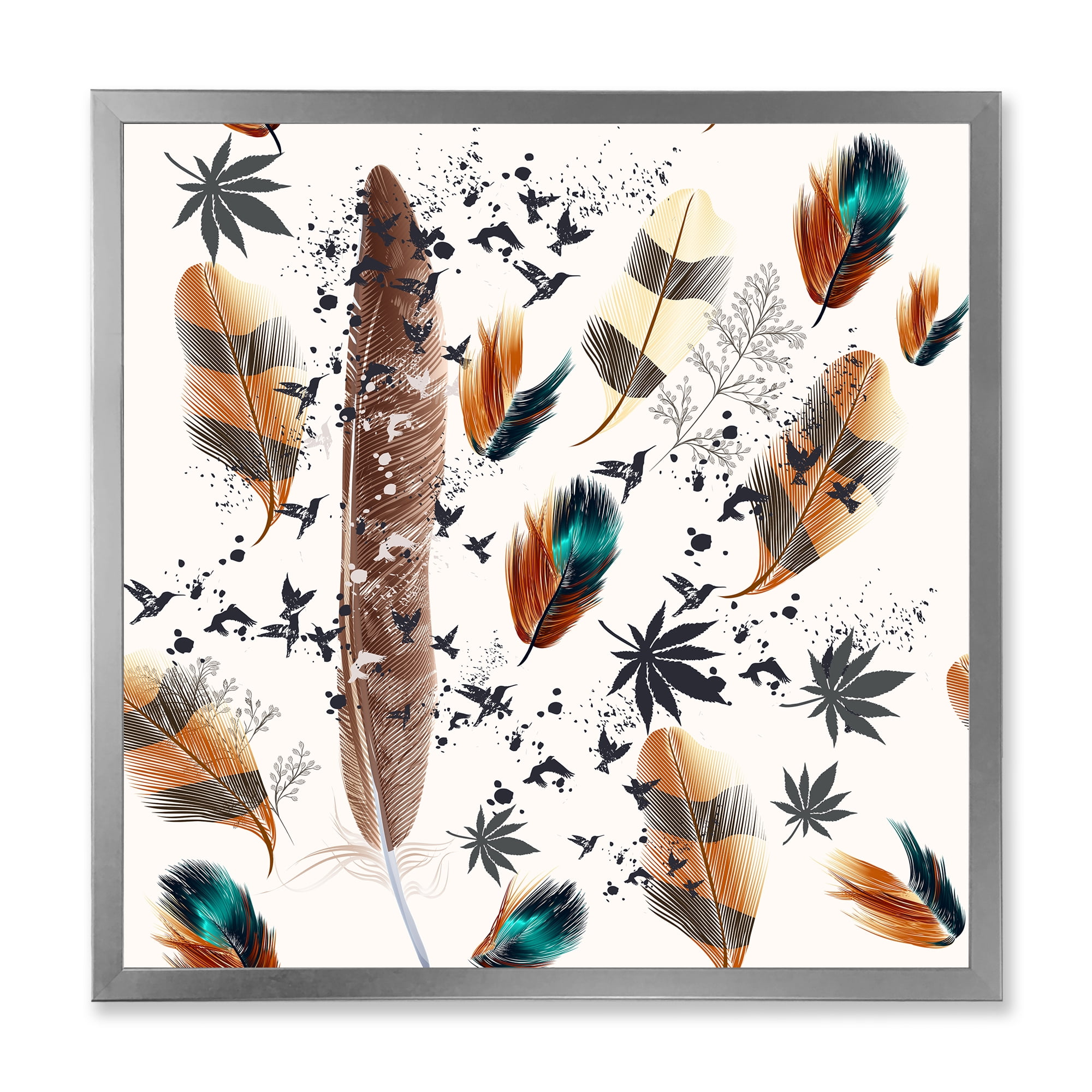 Designart 'Multicolored Feather Pattern With Floral' Bohemian & Eclectic Framed Art Print