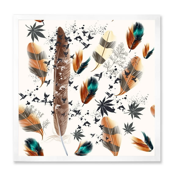 Designart 'Multicolored Feather Pattern With Floral' Bohemian & Eclectic Framed Art Print