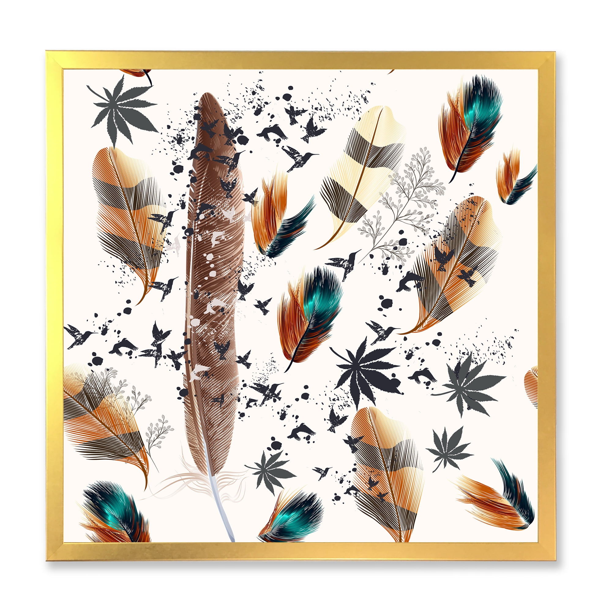 Designart 'Multicolored Feather Pattern With Floral' Bohemian & Eclectic Framed Art Print