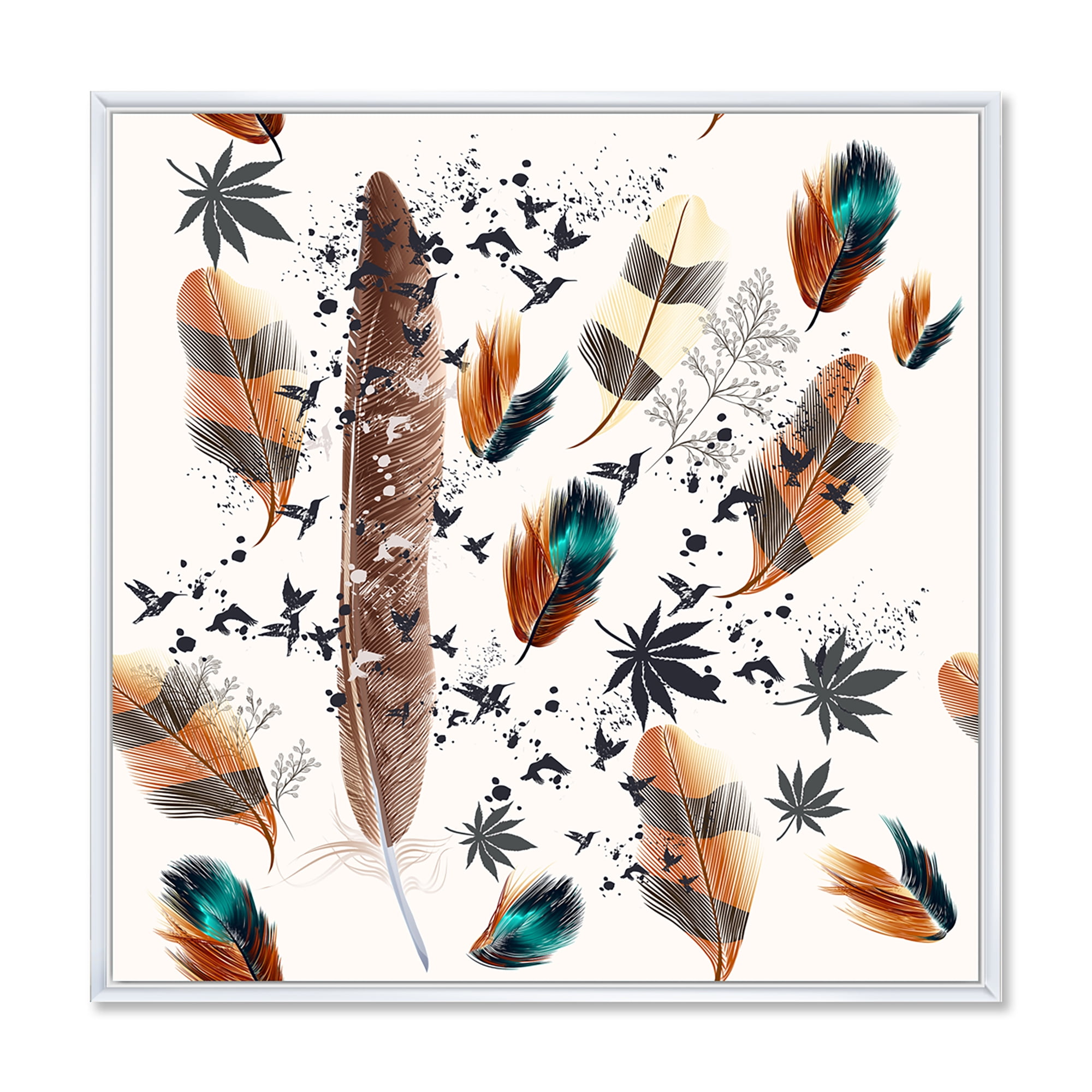 Designart 'Multicolored Feather Pattern With Floral' Bohemian & Eclectic Framed Canvas Wall Art Print