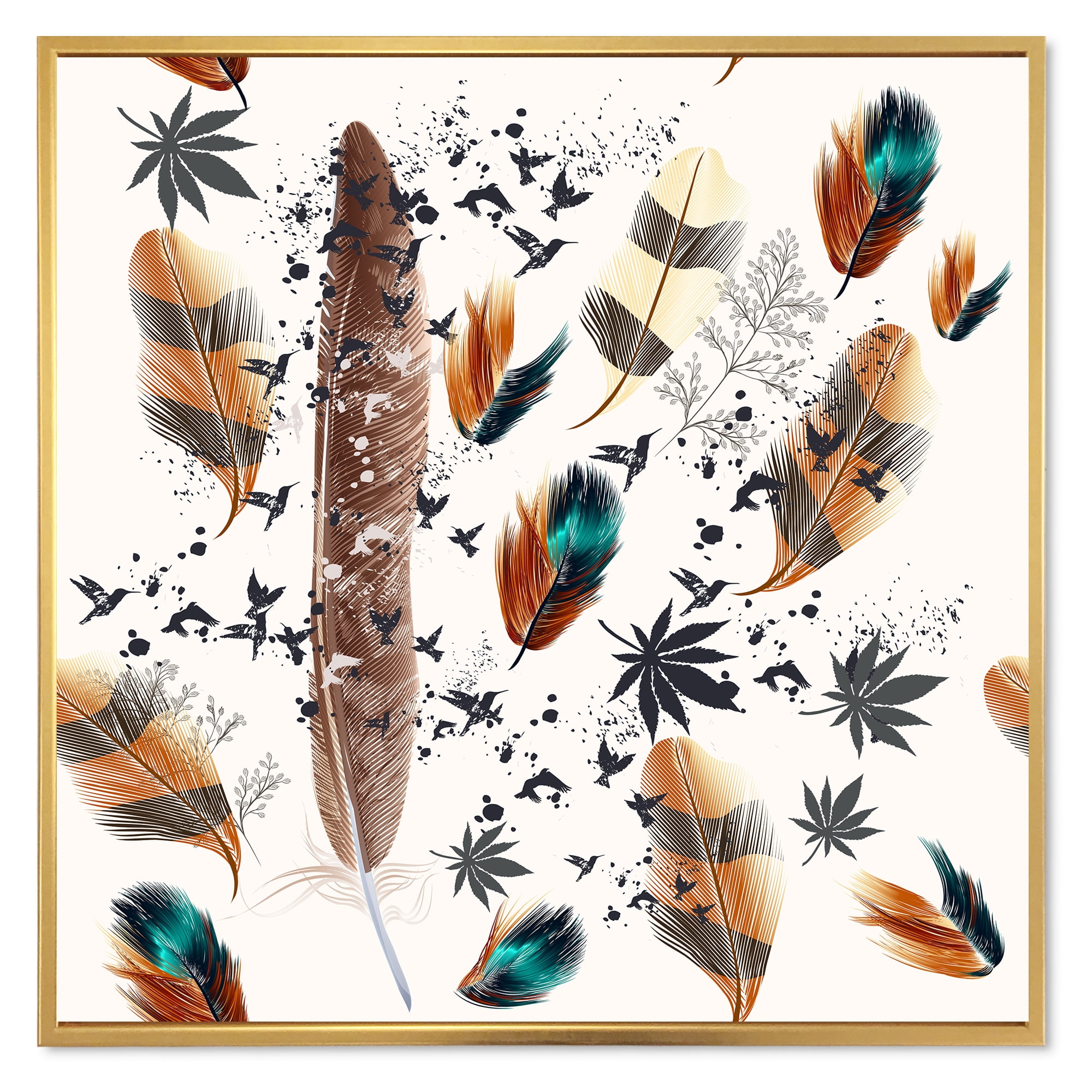 Designart 'Multicolored Feather Pattern With Floral' Bohemian & Eclectic Framed Canvas Wall Art Print