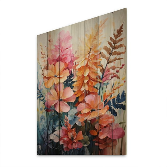 Designart "Multicolored Ferns composition I" Floral & Botanical Print on Natural Pine Wood