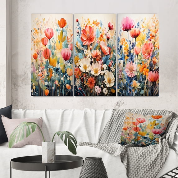Designart "Multicolored Flowers composition IV" Floral Wall Art Set Of 3 - Red Plants Canvas Set For Living Room Decor