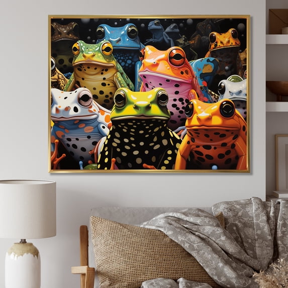 Designart "Multicolored Frogs In Pop Art" Frogs & Toads Floater Framed Wall Decor
