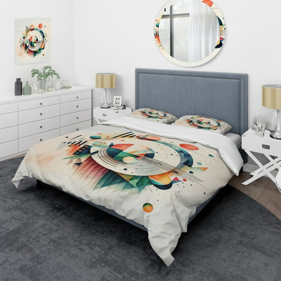 Designart "Multicolored Geometric Composition" Modern Bedding Covert Set - Abstract Geometric Orange Abstract Bed Set With 1 Sham