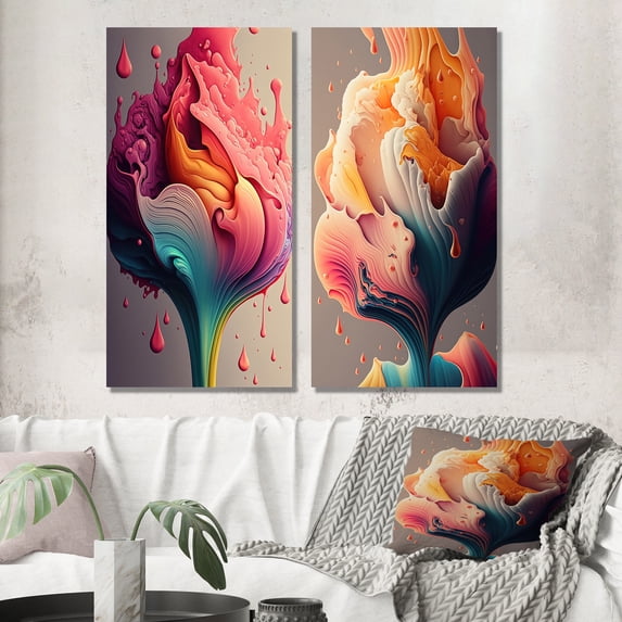Designart "Multicolored Ink Tulip Blooms I" Tulip Wall Art Set Of 2 - Multicolor Floral Wall Decor Set Of 2