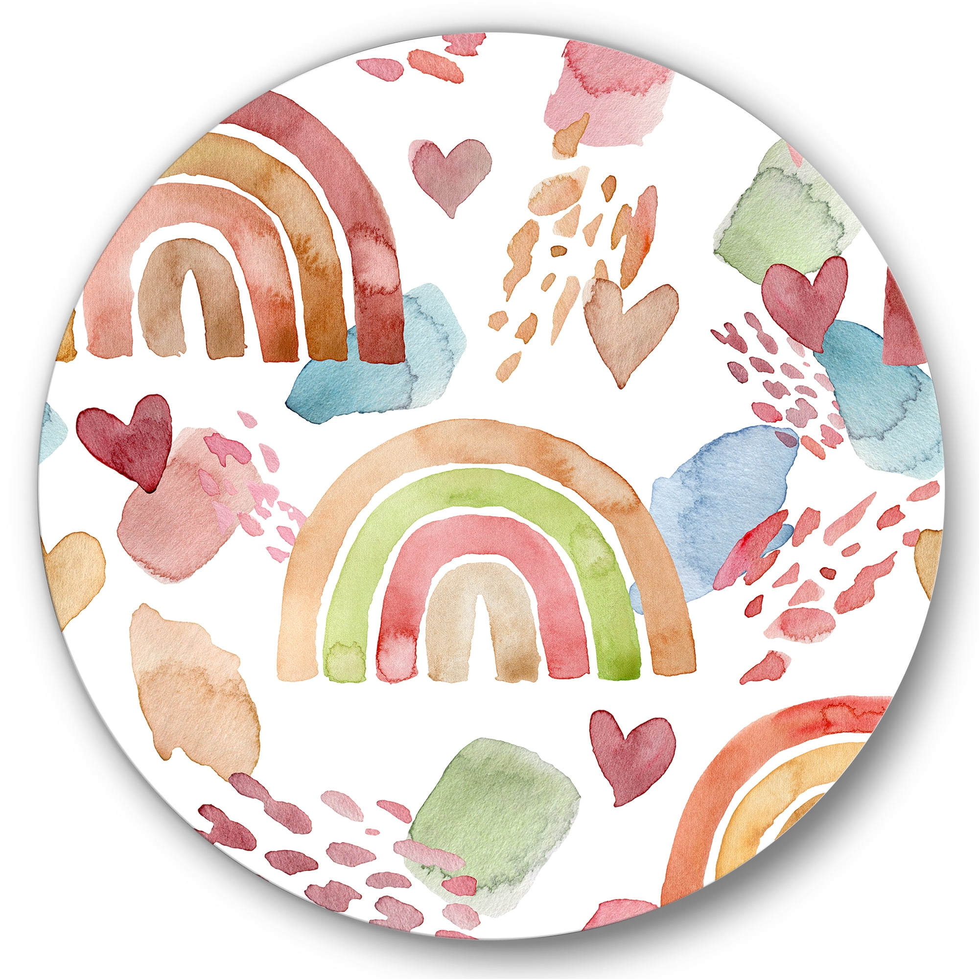 Designart 'Multicolored Rainbows Hearts and Clouds' Children's Art Circle Metal Wall Art 11x11 - Disc of 11
