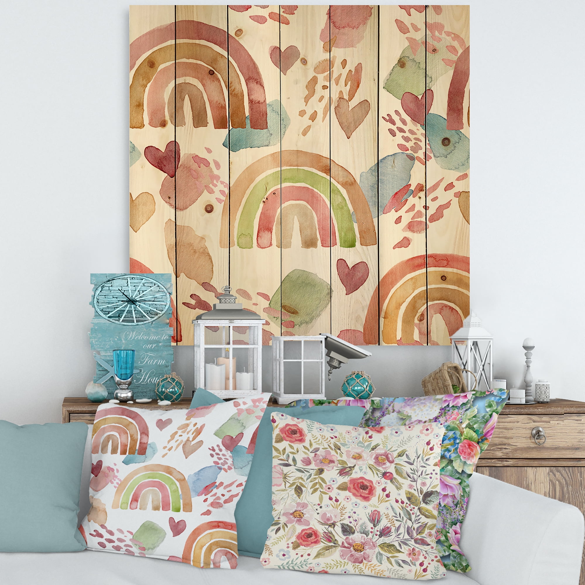 Designart 'Multicolored Rainbows Hearts and Clouds' Children's Art Print on Natural Pine Wood