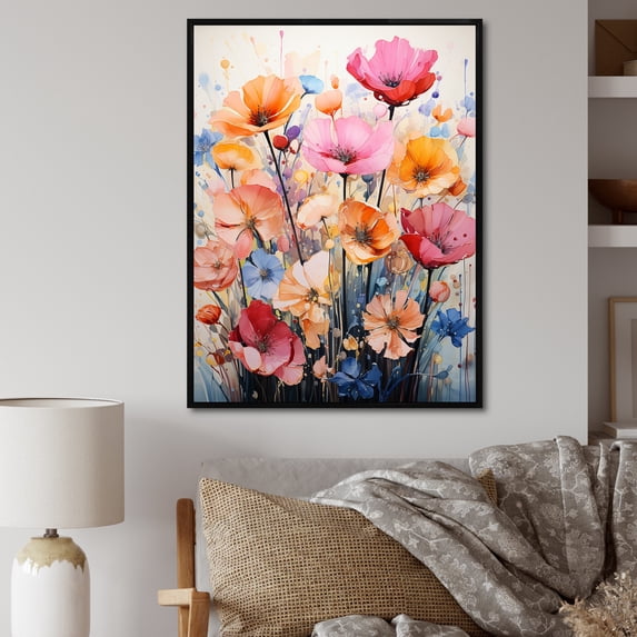 Designart "Multicolored Representation of Seasonal Flowers" Floral Floater Framed Canvas Wall Art