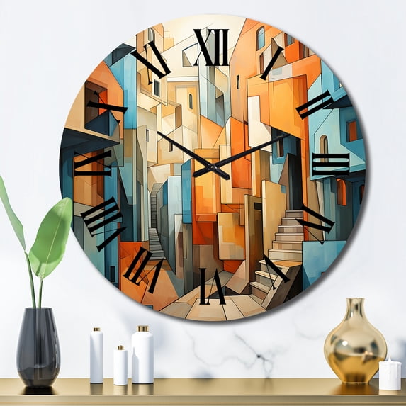 Designart "Multidimensional Cubist Art V" Landscapes Oversized Wall Clock
