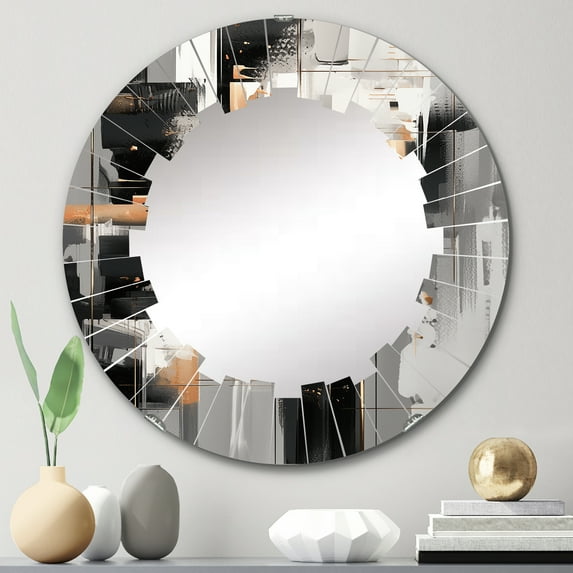 Designart "Multifaceted Whirls Grey Black Harmony" Cubism Round Wall Mirror - Modern Oval Printed Decorative Oversized Mirror - Multiple Color Options