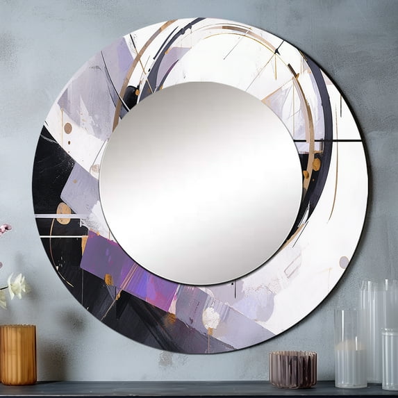 Designart "Multifaceted Whirls Purple Black Vision" Cubism Rund Mirror For Wall Decor - Large Purple Round Print Mirror - Round Modern Mirror - Wall Mounted Round Large Mirror - 23" x 23"