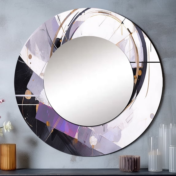 Designart "Multifaceted Whirls Purple Black Vision" Cubism Rund Mirror For Wall Decor - Large Purple Round Print Mirror - Round Modern Mirror - Wall Mounted Round Large Mirror - 29" x 29"