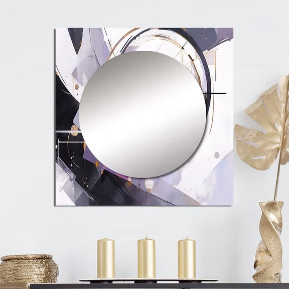 Designart "Multifaceted Whirls Purple Black Vision" Cubism Square Mirror For Wall Decor - Large Purple Square Mirror Printed Wall Decor - Transitional Square Living Room Mirror