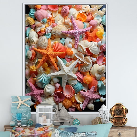 Designart "Multihued Symphony of Seashells" Coastal Framed Wall Art - Coastal Pink Coastal Tropical Entryway Framed Wall Art Print