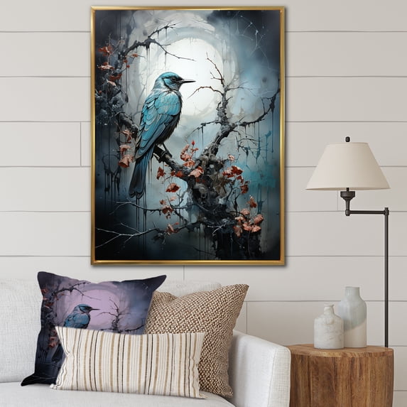Designart "Murmuring Hummingbird in Moonlight Blue II" Animals Framed Wall Art - Traditional Blue Bird Bedroom Framed Canvas Wall Art
