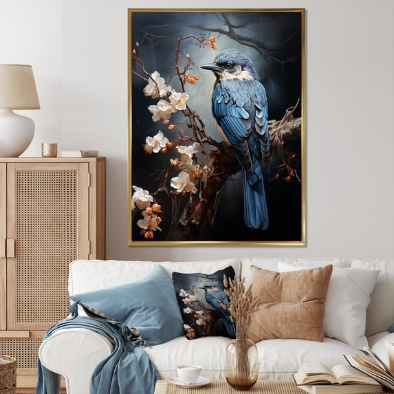 Designart "Murmuring Hummingbird in Moonlight Blue III" Animals Framed Wall Art - Traditional Blue Bird Entryway Framed Wall Art Print