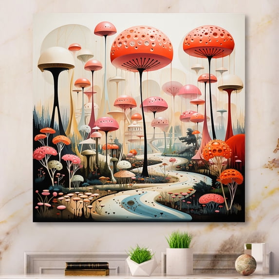 Designart "Mushroom Dreams Colorful Mid Century Midcentury II" Mid-century Canvas Print