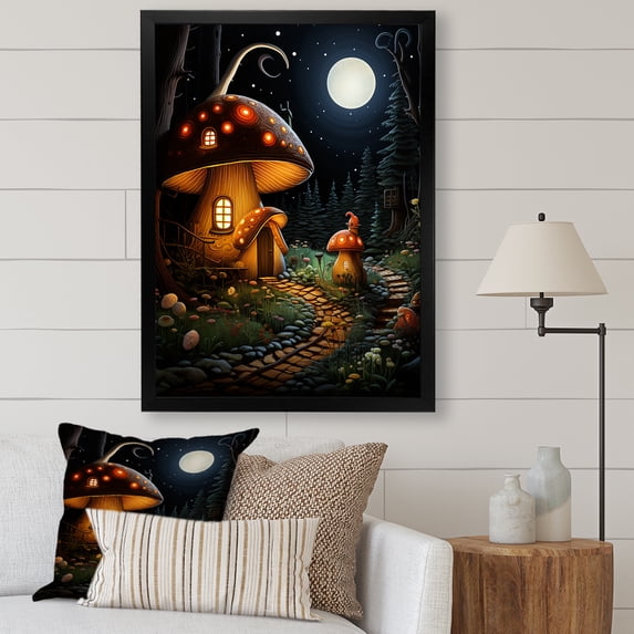 Designart "Mushroom Wonderland Fantasy Landscape" Landscapes Framed Wall Art - Country Yellow Landscape Modern Entryway Framed Wall Art Print