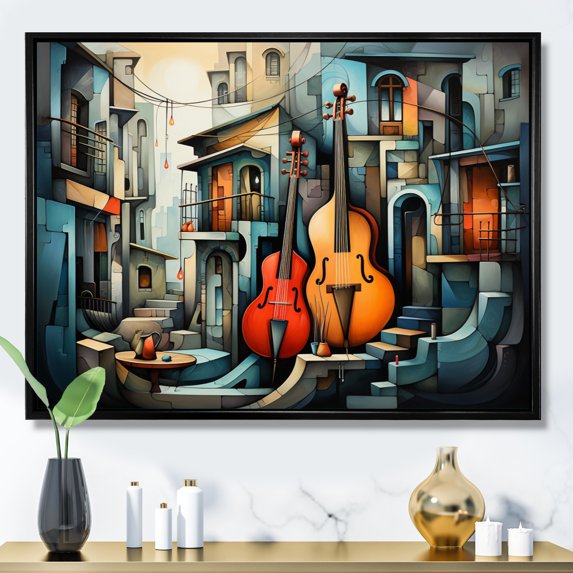 Designart "Musical Forms in Cubism V" Cubism Floater Framed Wall Art Living Room