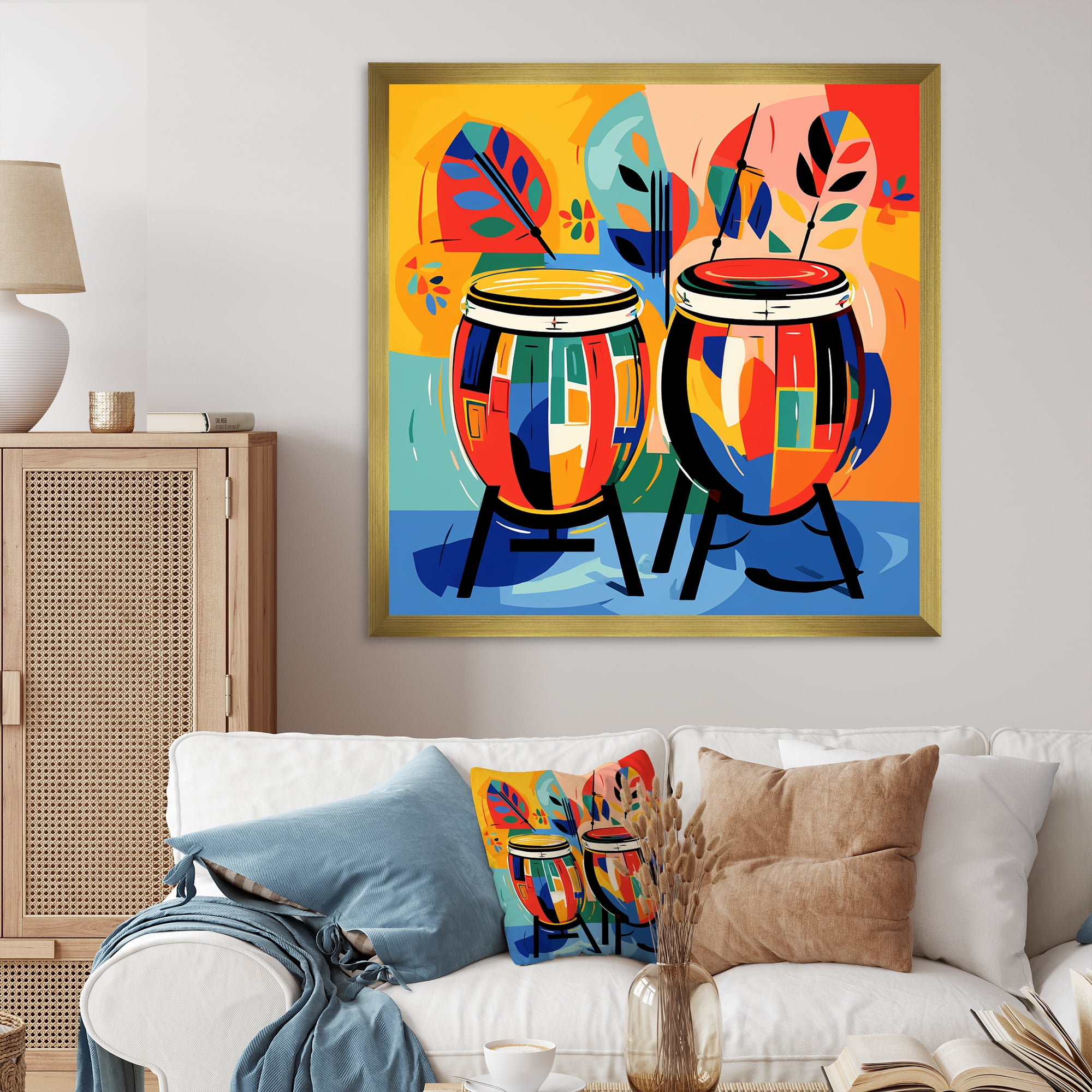 Colorful Mexican Drums Print on Canvas with Gold Frame