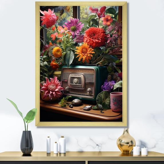 Designart "Musical Mosaic of Jukeboxes II" Fashion Framed Wall Art - Modern Colorful Jukeboxes Entryway Framed Wall Art