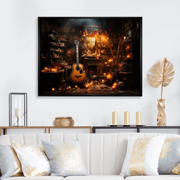 Designart "Musical Tools The Orange and Black Fire Trumpet" Music Floater Framed Canvas Print