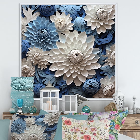 Designart "Muted Blue And Graceful Mums II" Mums Floater Framed Wall Art Living Room