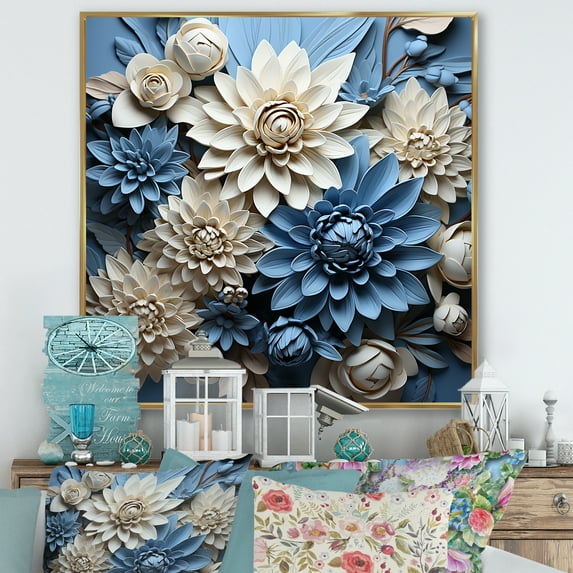 Designart "Muted Blue And Graceful Mums IX" Mums Floater Framed Wall Art Living Room