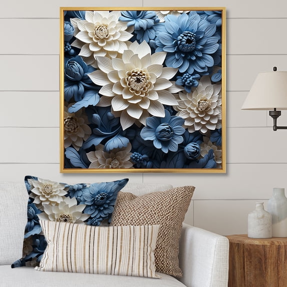 Designart "Muted Blue And Graceful Mums VIII" Mums Floater Framed Wall Art Prints