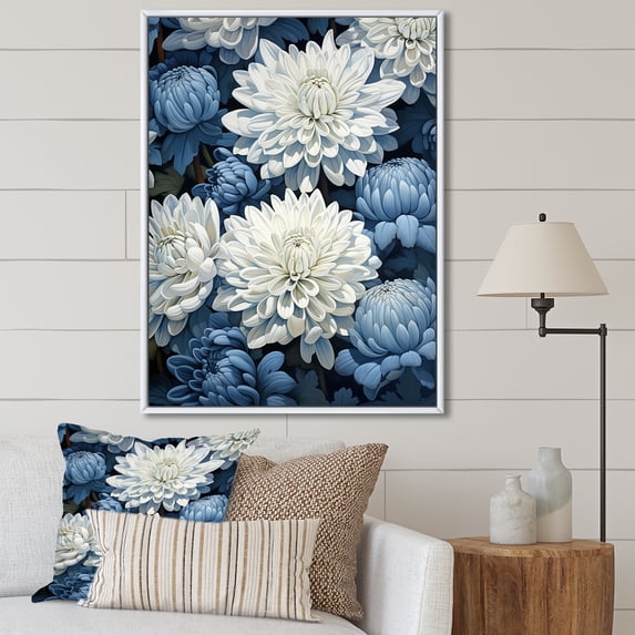 Designart "Muted Blue And White Minimalist Mums II" Mums Floater Framed Canvas Prints