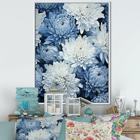 Designart "Muted Blue And White Minimalist Mums" Mums Floater Framed Wall Art Living Room