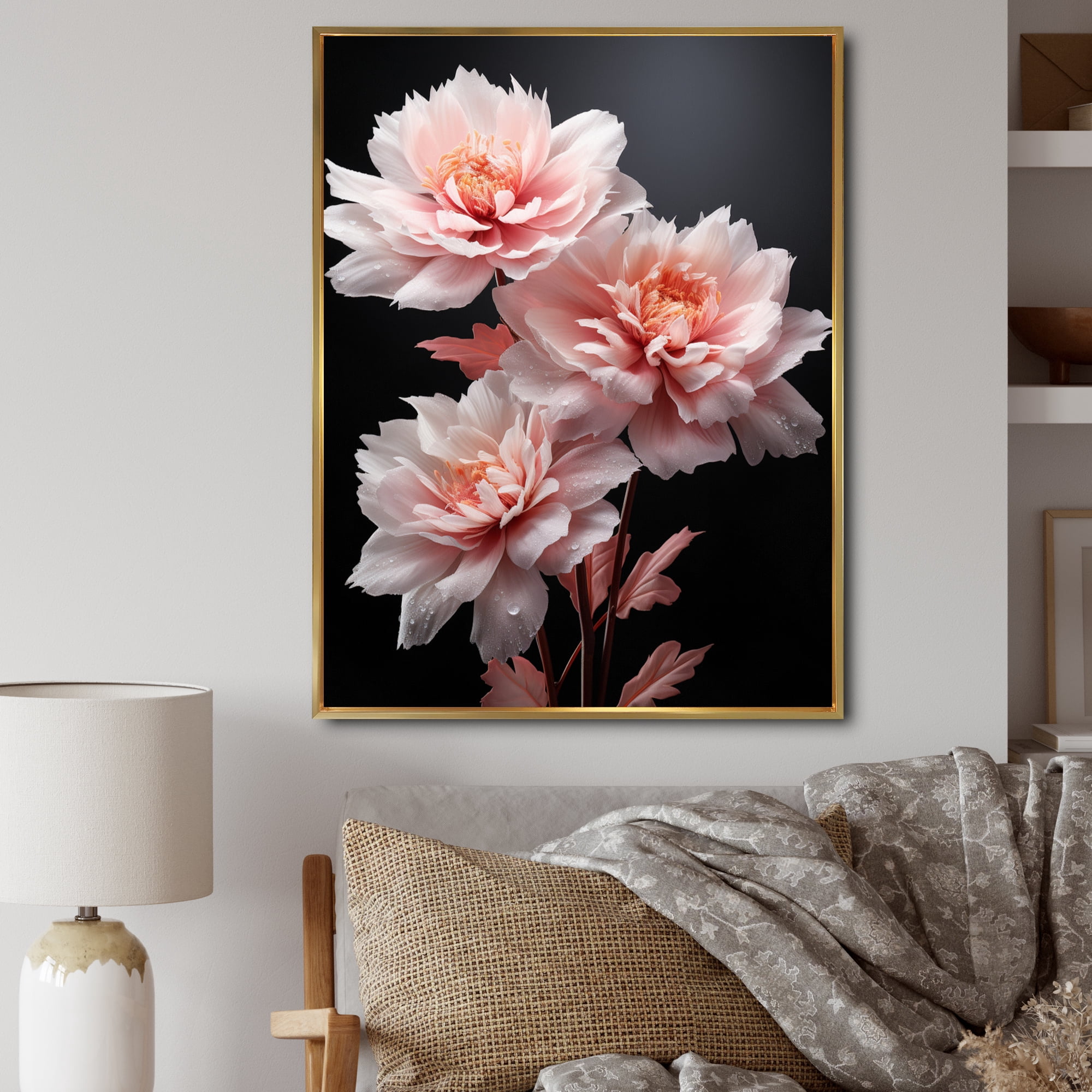 Designart "Muted Peonies Pink Black wall decor" Floral Floater Framed ...