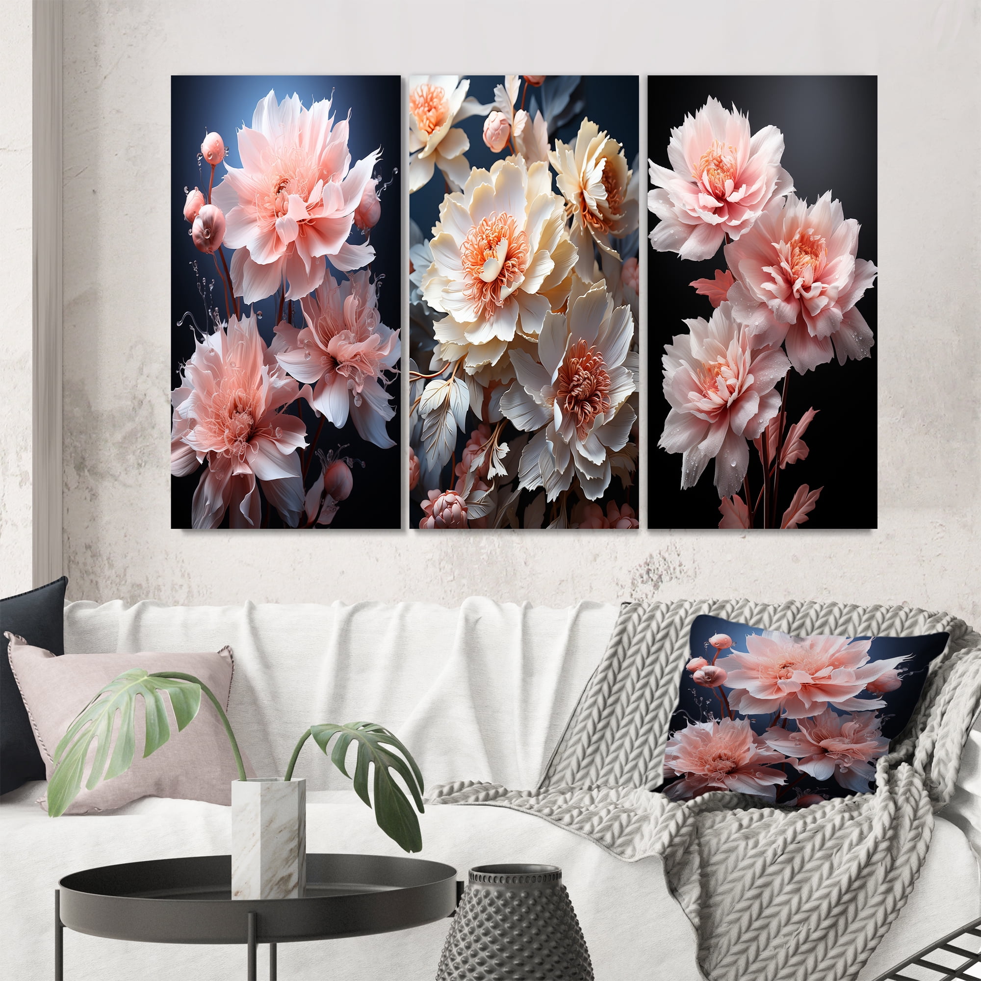 Designart "Muted Peonies Pink and Black Flowers" Floral Wall Art Set Of ...
