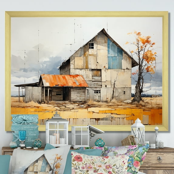 Designart "Muted Tone Minimalism With Barn II" Barn Picture Framed Canvas Wall Art