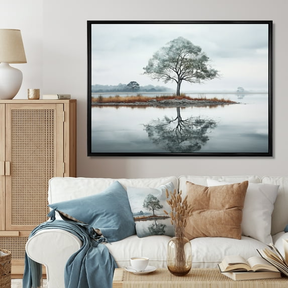 Designart "Muted Tree Reflections on Water" Landscape Trees Floater Framed Canvas Wall Art