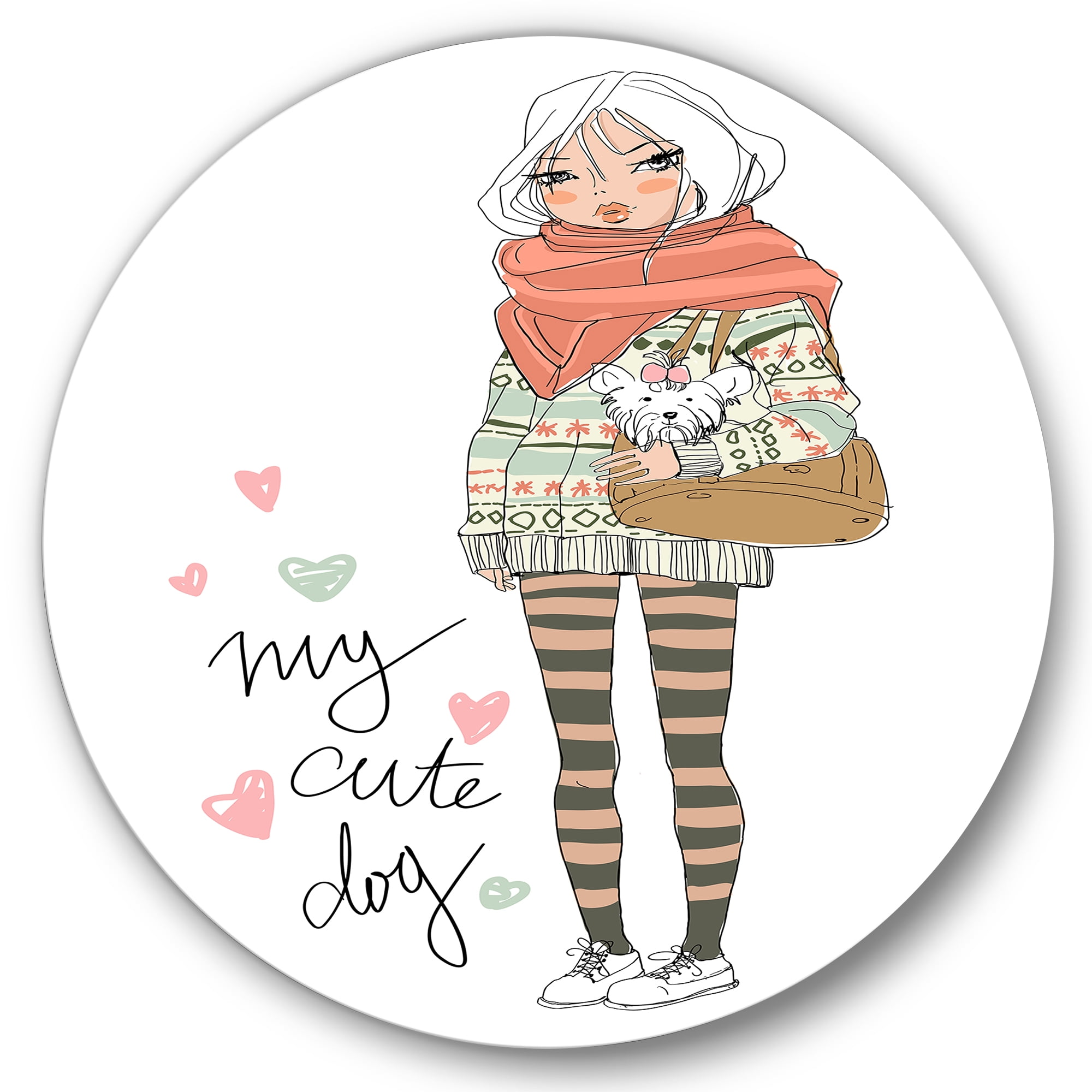 Designart 'My Cute Dog Cute Girl With Dog' Shabby Chic Circle Metal Wall Art 29x29 - Disc of 29