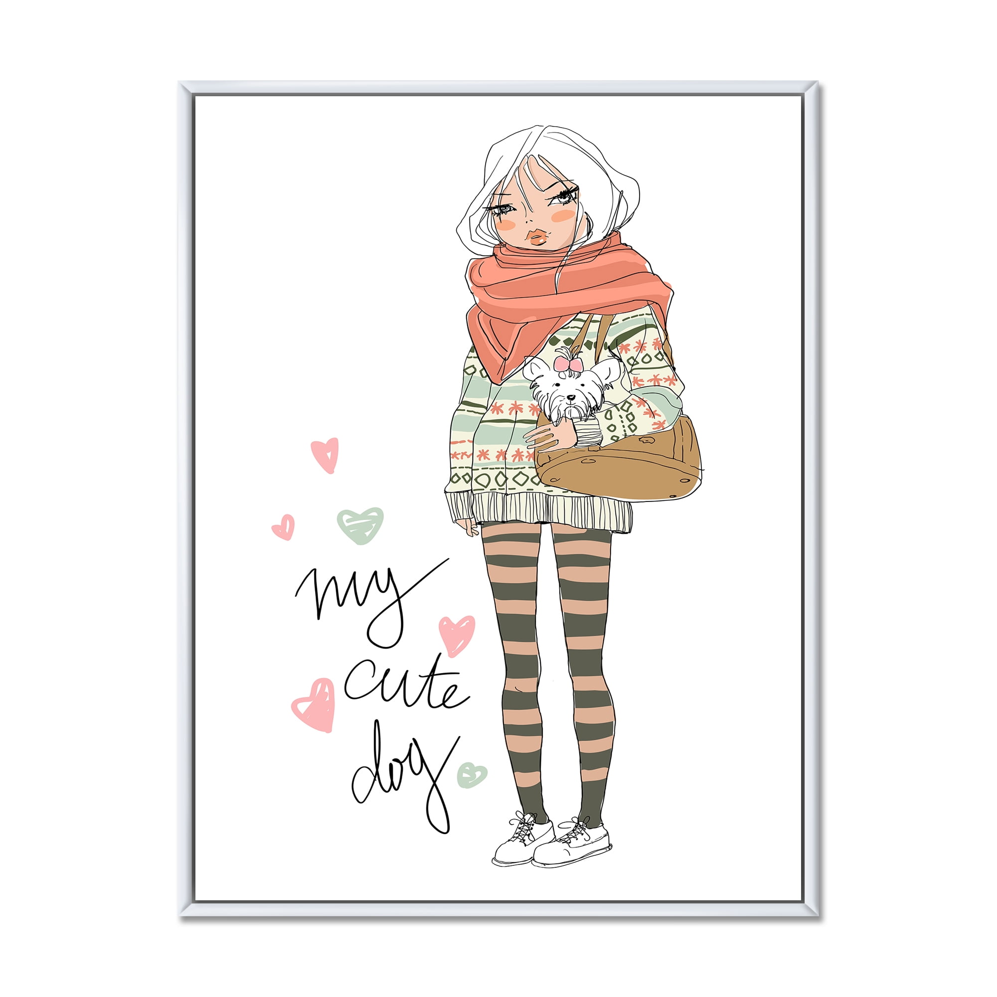 Designart 'My Cute Dog Cute Girl With Dog' Shabby Chic Framed Canvas Wall Art Print