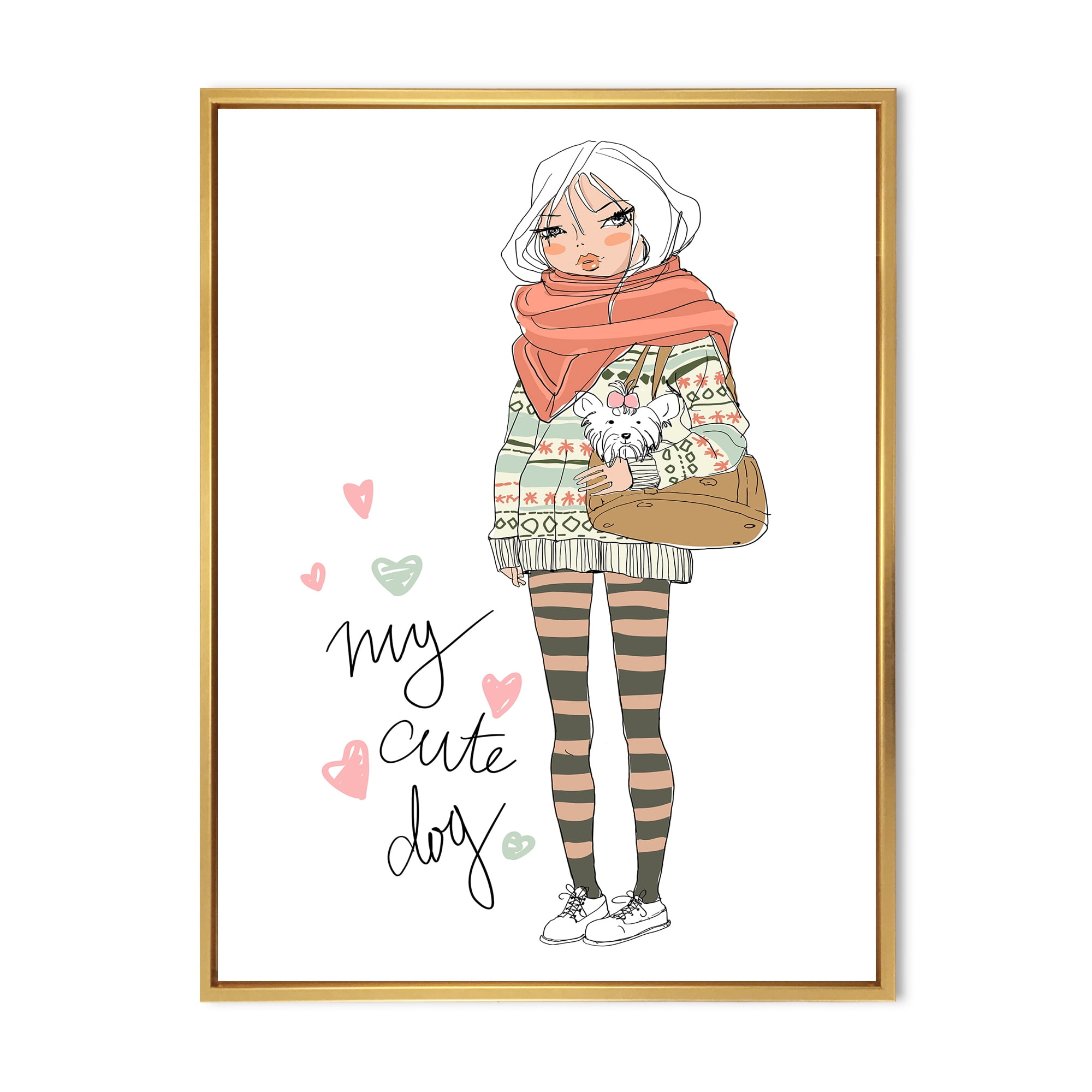 Designart 'My Cute Dog Cute Girl With Dog' Shabby Chic Framed Canvas Wall Art Print
