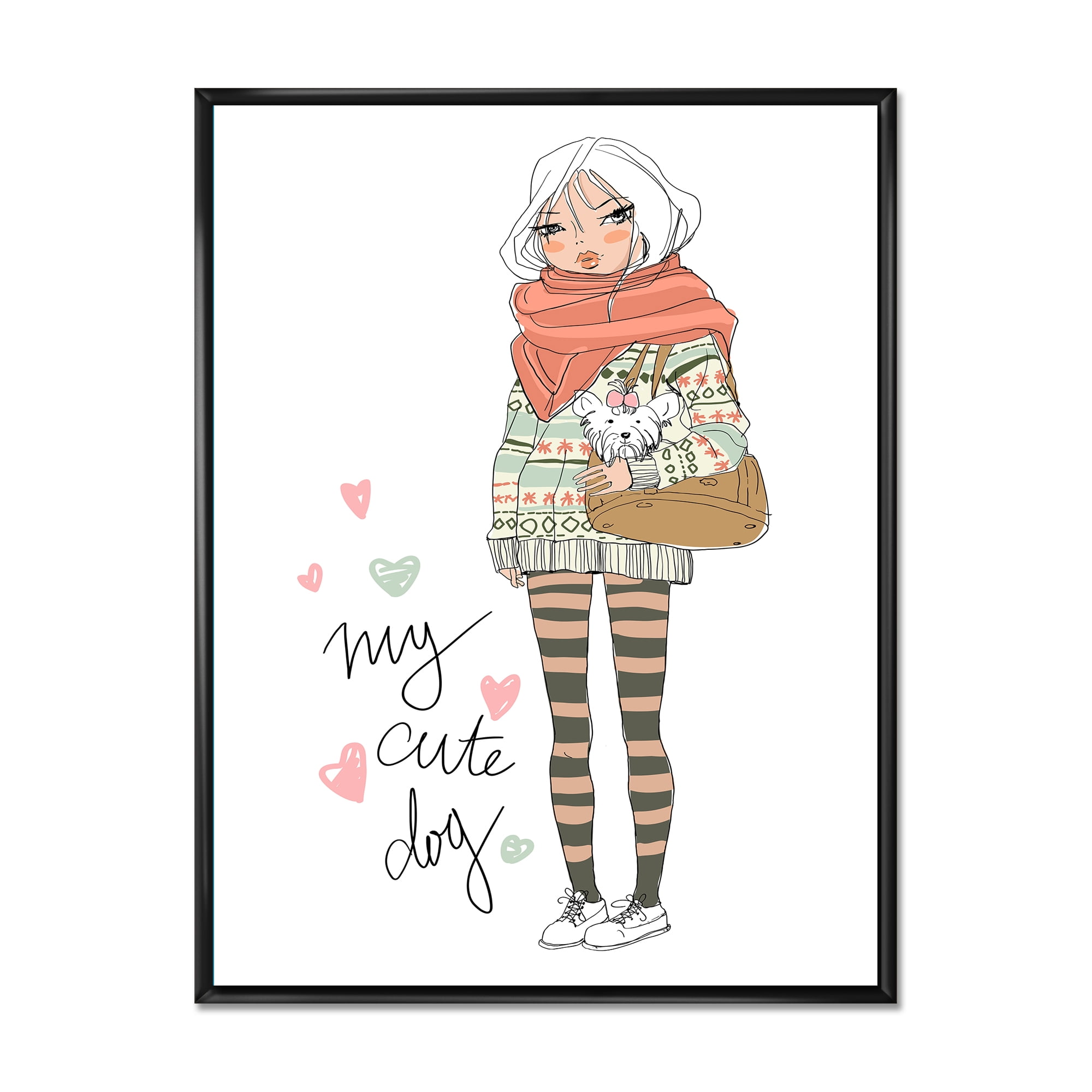 Designart 'My Cute Dog Cute Girl With Dog' Shabby Chic Framed Canvas Wall Art Print