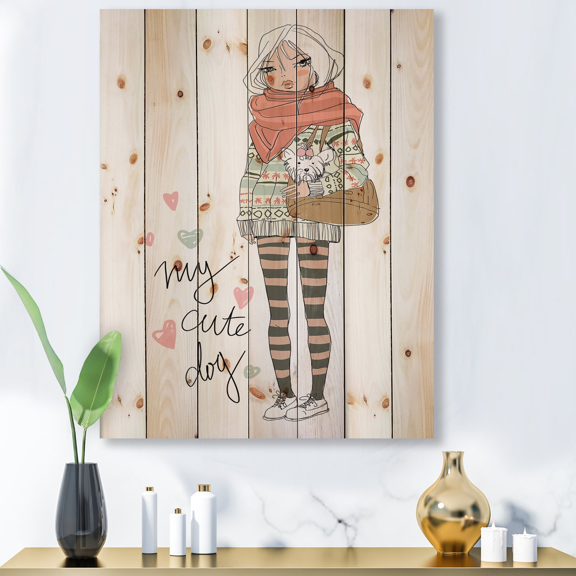 Designart 'My Cute Dog Cute Girl With Dog' Shabby Chic Print on Natural Pine Wood