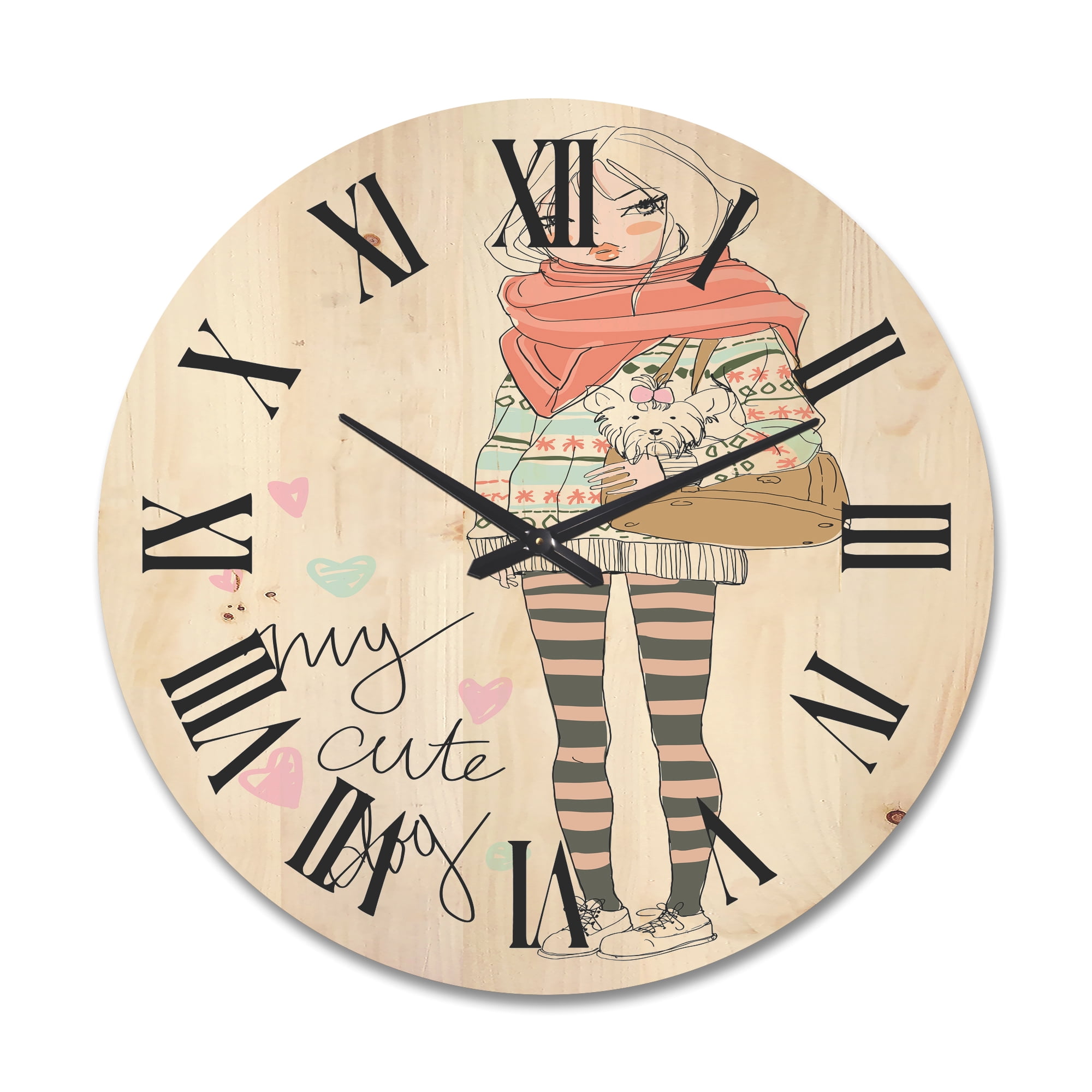 Designart 'My Cute Dog Cute Girl With Dog' Shabby Chic Wood Wall Clock
