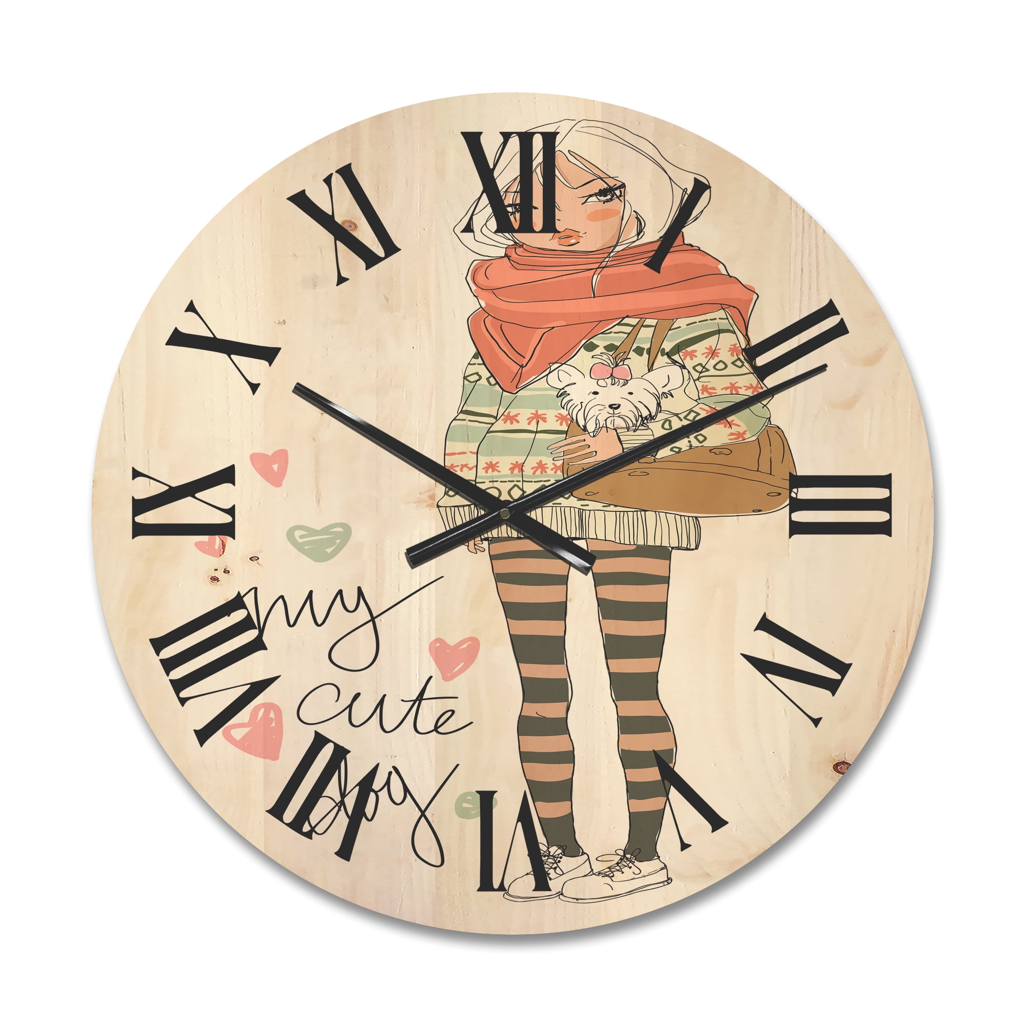 Designart 'My Cute Dog Cute Girl With Dog' Shabby Chic Wood Wall Clock
