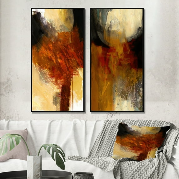 Designart "Mysteries of Terra Rosa - Earth's Intrigue I" Abstract Framed Wall Art Set Of 2 - Modern Brown Frame Gallery Set For Office Decor