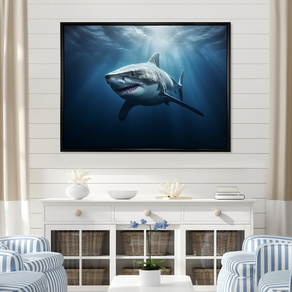 Designart "Mysterious Blue Ghost Of The Sea III" Shark Floater Framed Wall Decor