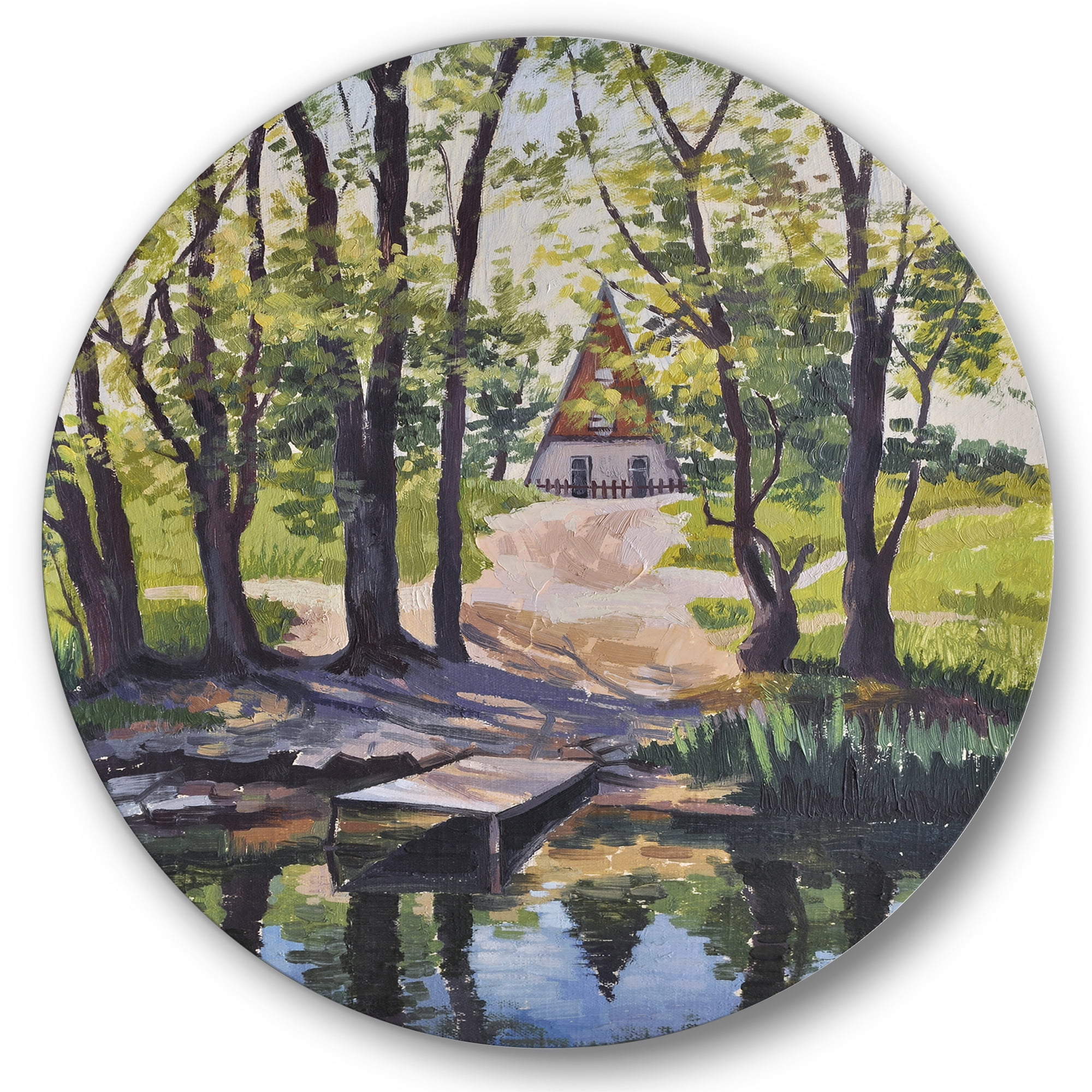 Designart 'Mysterious Countryside House By The River In The Woods' Lake House Circle Metal Wall Art 23x23 - Disc of 23