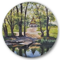 Designart 'Mysterious Countryside House By The River In The Woods' Lake House Circle Metal Wall Art 36x36 - Disc of 36
