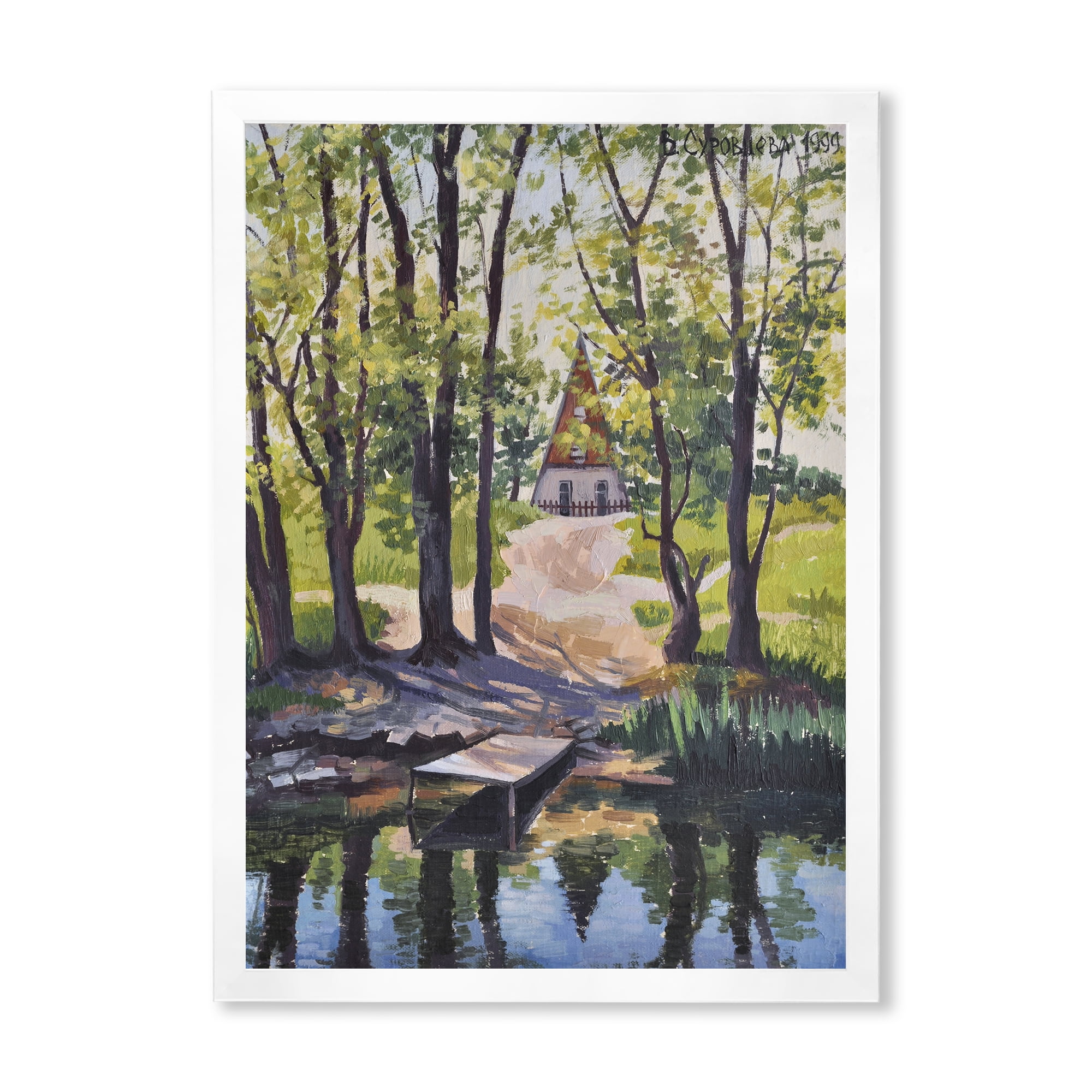 Designart 'Mysterious Countryside House By The River In The Woods' Lake House Framed Art Print